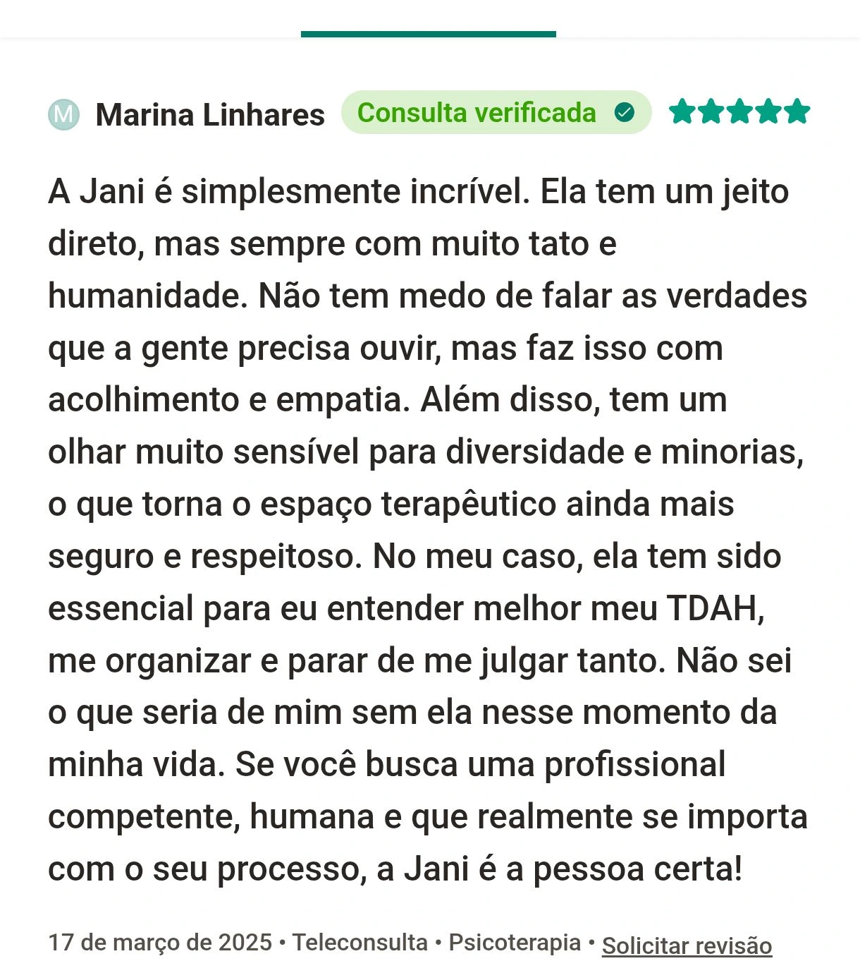 Print da avaliação 5 sobre o atendimento de Janiele Dias