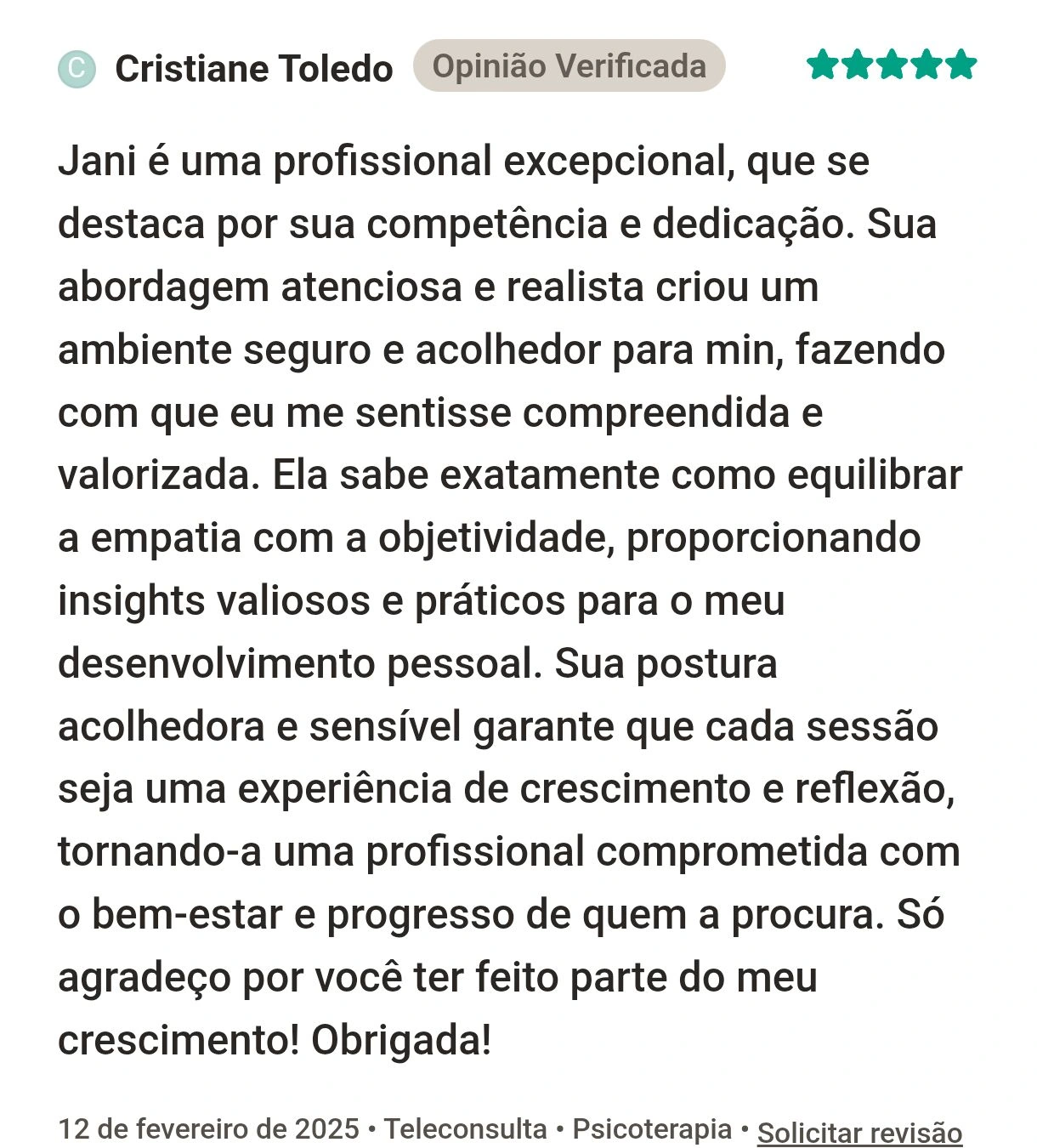 Print da avaliação 2 sobre o atendimento de Janiele Dias